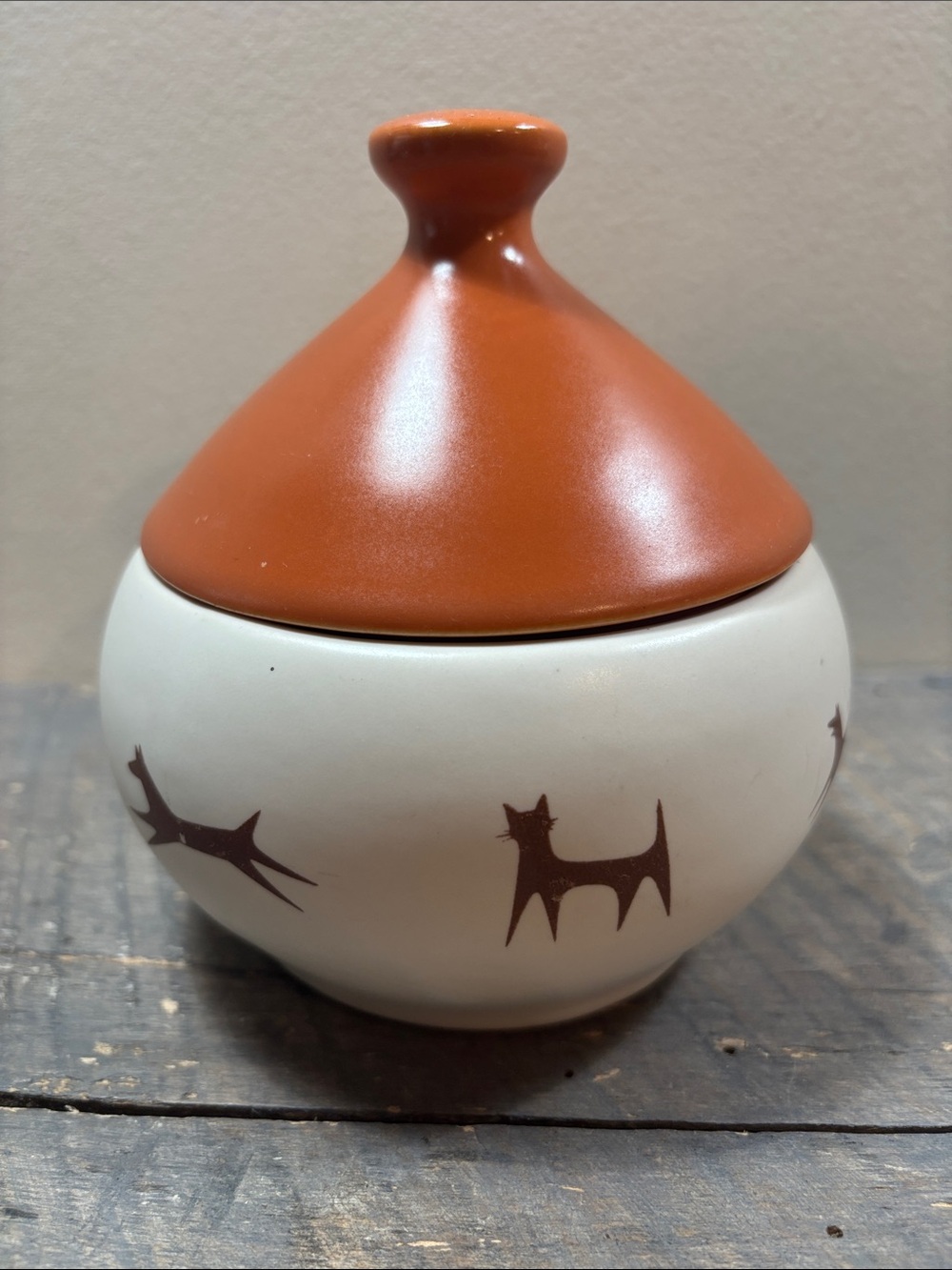 Mid-century Upjohn Unipet Treat Jar bowl with lid